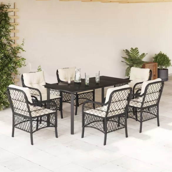 7 részes fekete polyrattan kerti étkezőgarnitúra párnával