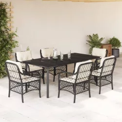   7 részes fekete polyrattan kerti étkezőgarnitúra párnával