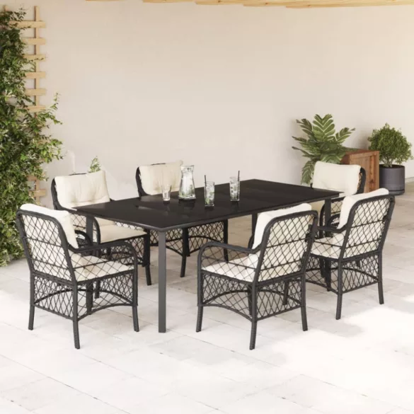 7 részes fekete polyrattan kerti étkezőgarnitúra párnával