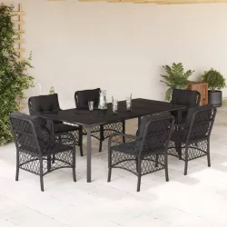   7 részes fekete polyrattan kerti étkezőgarnitúra párnával