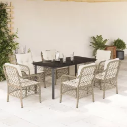   7 részes bézs polyrattan kerti étkezőgarnitúra párnákkal