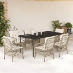   7 részes bézs polyrattan kerti étkezőgarnitúra párnákkal