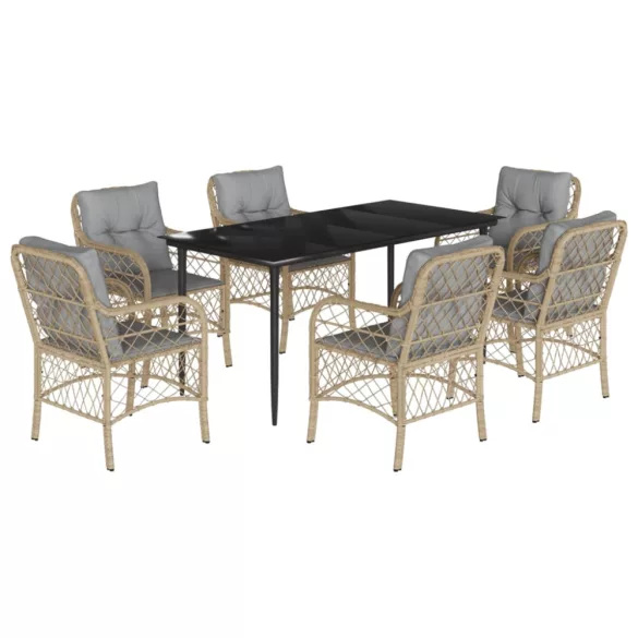 7 részes vegyes bézs polyrattan kerti étkezőgarnitúra párnákkal