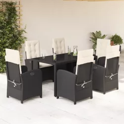   7 részes fekete polyrattan kerti étkezőgarnitúra párnával