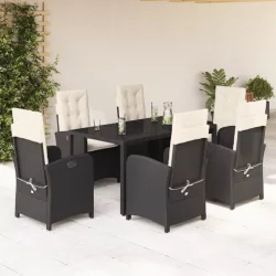   7 részes fekete polyrattan kerti étkezőgarnitúra párnával