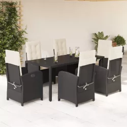   7 részes fekete polyrattan kerti étkezőgarnitúra párnával