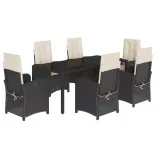 7 részes fekete polyrattan kerti étkezőgarnitúra párnával