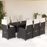 9 részes fekete polyrattan kerti étkezőgarnitúra párnákkal