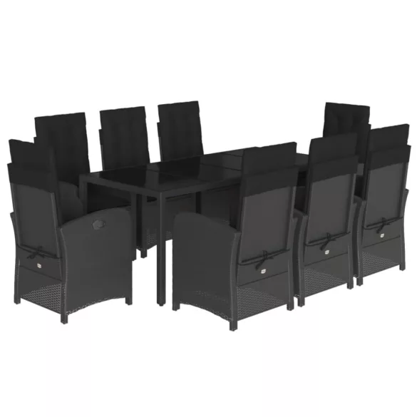 9 részes fekete polyrattan kerti étkezőgarnitúra párnákkal