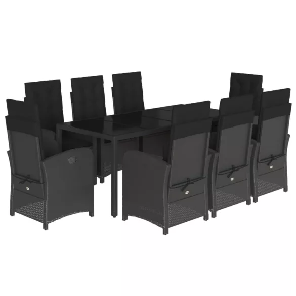 9 részes fekete polyrattan kerti étkezőgarnitúra párnákkal