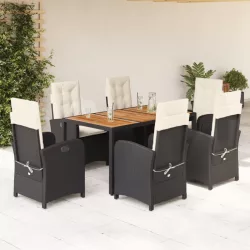   7 részes fekete polyrattan kerti étkezőgarnitúra párnával