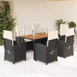   7 részes fekete polyrattan kerti étkezőgarnitúra párnával