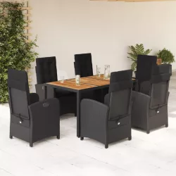   7 részes fekete polyrattan kerti étkezőgarnitúra párnával