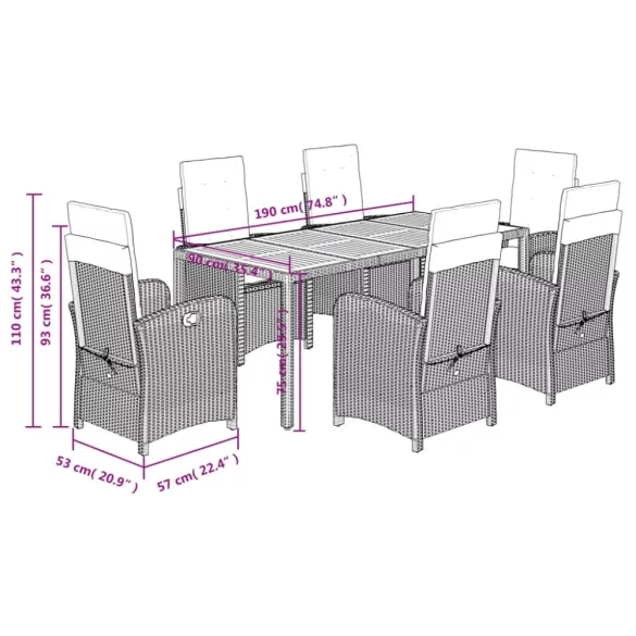 7 részes szürke polyrattan kerti étkezőgarnitúra párnával