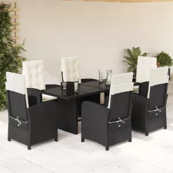   7 részes fekete polyrattan kerti étkezőgarnitúra párnával