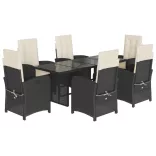 7 részes fekete polyrattan kerti étkezőgarnitúra párnával