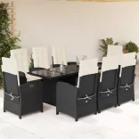9 részes fekete polyrattan kerti étkezőgarnitúra párnákkal