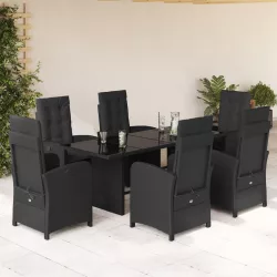   7 részes fekete polyrattan kerti étkezőgarnitúra párnával