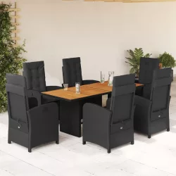   7 részes fekete polyrattan kerti étkezőgarnitúra párnával