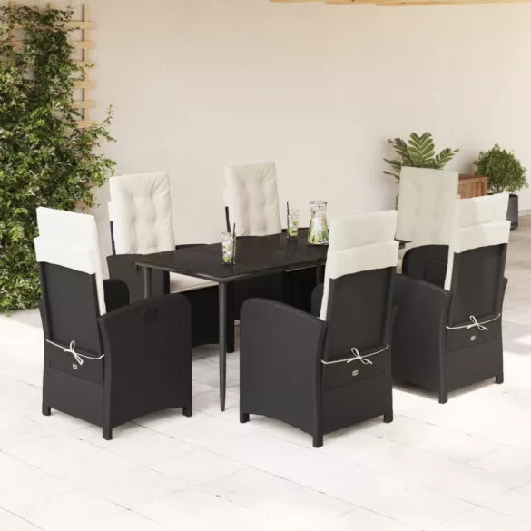 7 részes fekete polyrattan kerti étkezőgarnitúra párnával