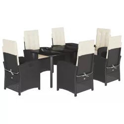   7 részes fekete polyrattan kerti étkezőgarnitúra párnával