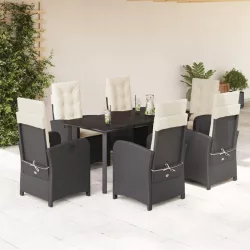   7 részes fekete polyrattan kerti étkezőgarnitúra párnával