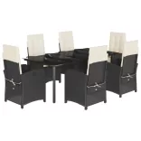 7 részes fekete polyrattan kerti étkezőgarnitúra párnával