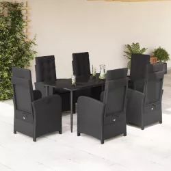   7 részes fekete polyrattan kerti étkezőgarnitúra párnával