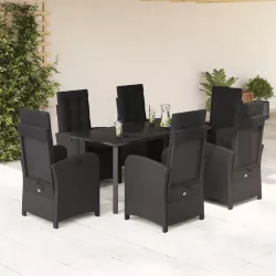   7 részes fekete polyrattan kerti étkezőgarnitúra párnával