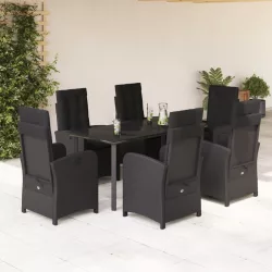   7 részes fekete polyrattan kerti étkezőgarnitúra párnával