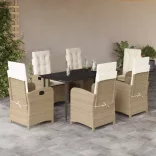 7 részes bézs polyrattan kerti étkezőgarnitúra párnákkal