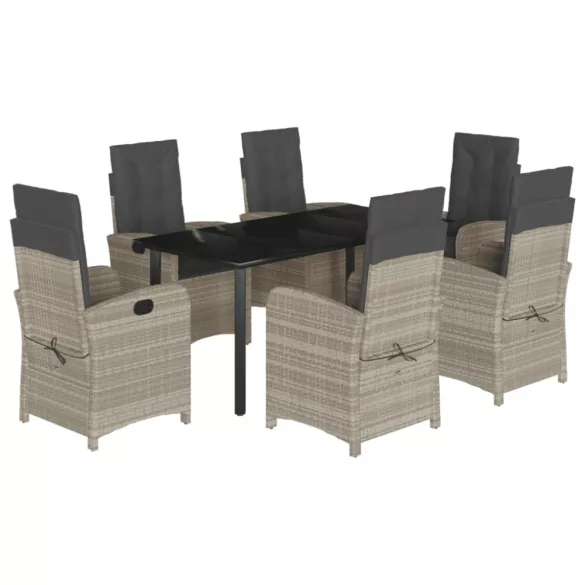 7 részes világosszürke polyrattan kerti étkezőszett párnával