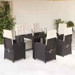   7 részes fekete polyrattan kerti étkezőgarnitúra párnával