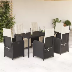   7 részes fekete polyrattan kerti étkezőgarnitúra párnával