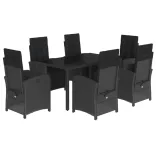 7 részes fekete polyrattan kerti étkezőgarnitúra párnával
