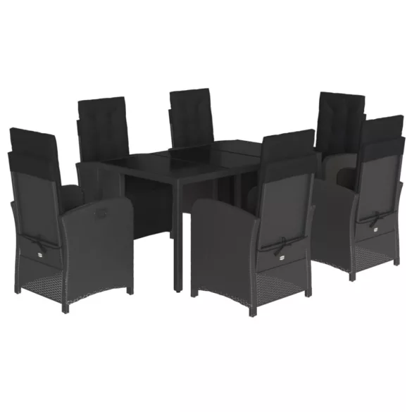 7 részes fekete polyrattan kerti étkezőgarnitúra párnával