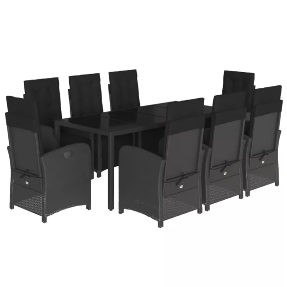 9 részes fekete polyrattan kerti étkezőgarnitúra párnákkal