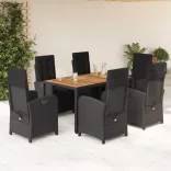 7 részes fekete polyrattan kerti étkezőgarnitúra párnával
