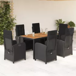   7 részes fekete polyrattan kerti étkezőgarnitúra párnával
