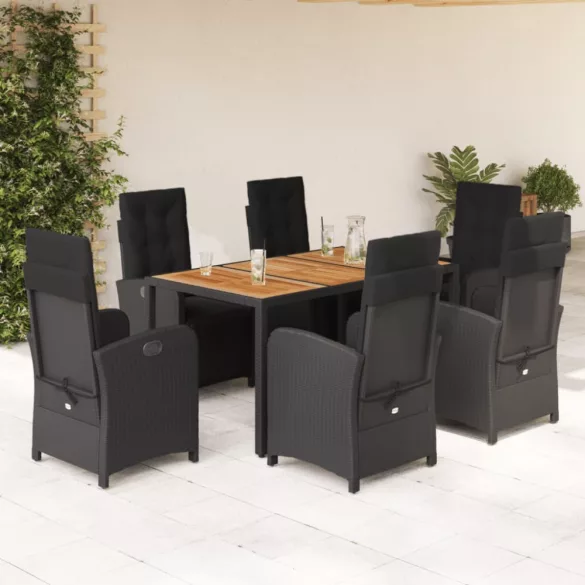 7 részes fekete polyrattan kerti étkezőgarnitúra párnával