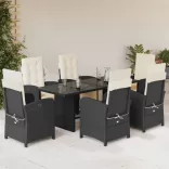 7 részes fekete polyrattan kerti étkezőgarnitúra párnával