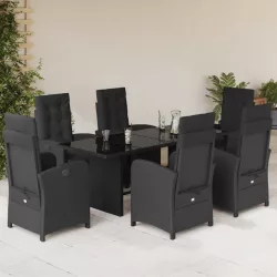   7 részes fekete polyrattan kerti étkezőgarnitúra párnával
