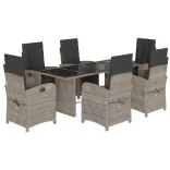7 részes világosszürke polyrattan kerti étkezőszett párnával