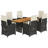 7 részes fekete polyrattan kerti étkezőgarnitúra párnával