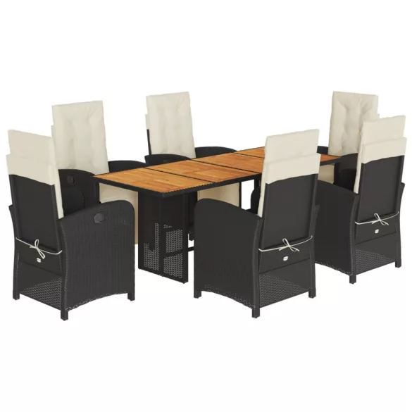 7 részes fekete polyrattan kerti étkezőgarnitúra párnával