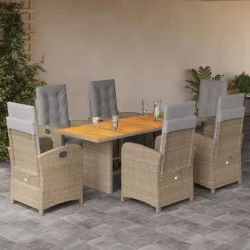   7 részes bézs polyrattan kerti étkezőgarnitúra párnákkal