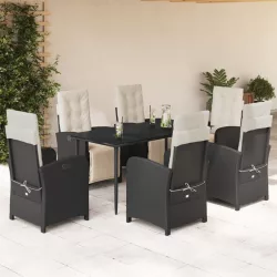   7 részes fekete polyrattan kerti étkezőgarnitúra párnával