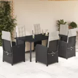 7 részes fekete polyrattan kerti étkezőgarnitúra párnával