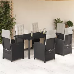   7 részes fekete polyrattan kerti étkezőgarnitúra párnával