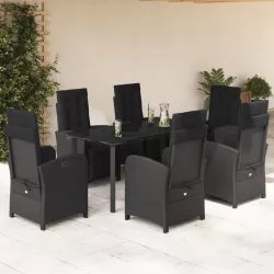   7 részes fekete polyrattan kerti étkezőgarnitúra párnával